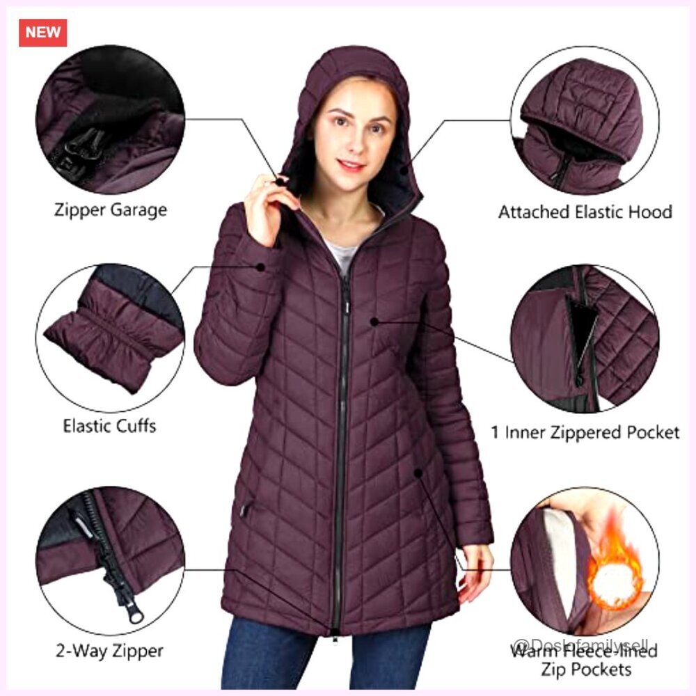 Ultra Lightweight Thermolite Long Puffer Coat Hooded Warm Packable Winter - Picture 3 of 6